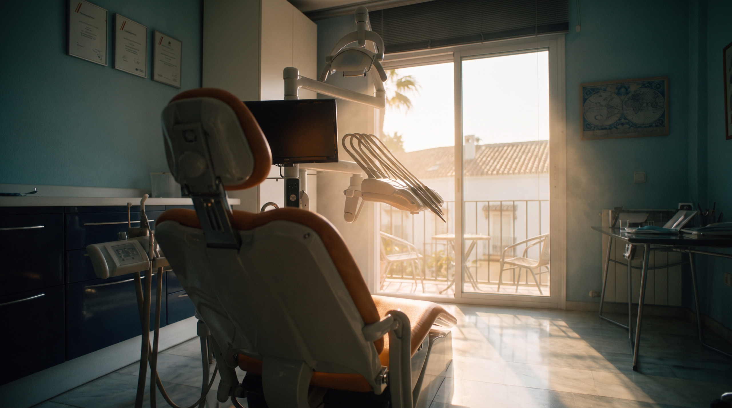 A treatment room at Dental Marbella, golden light through the balcony door with a palm outside