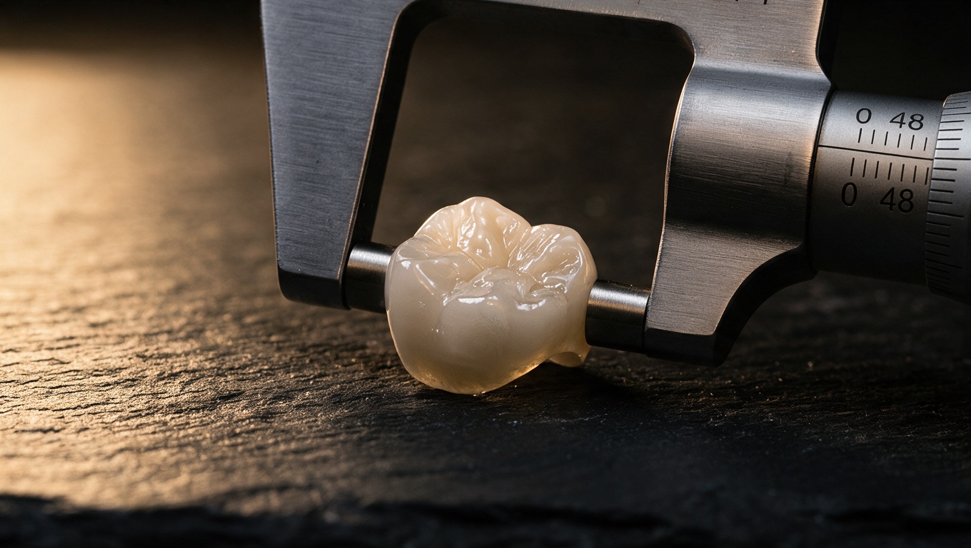 A ceramic crown measured in a precision micrometer on black slate